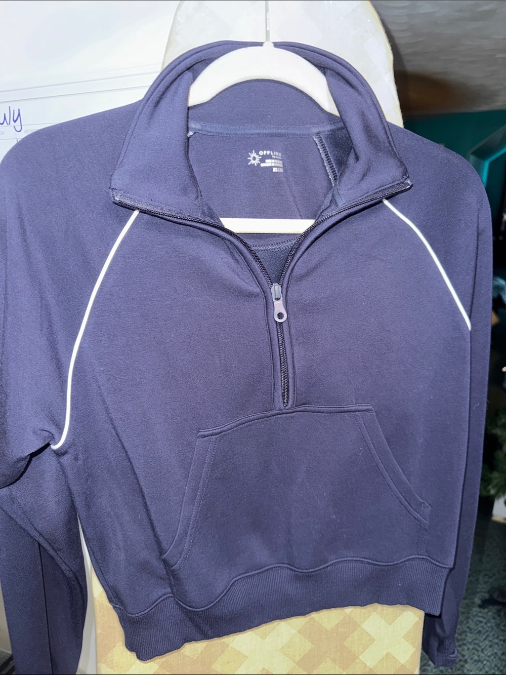 aerie Navy Quarter-Zip Pullover Sweatshirt with White Piping